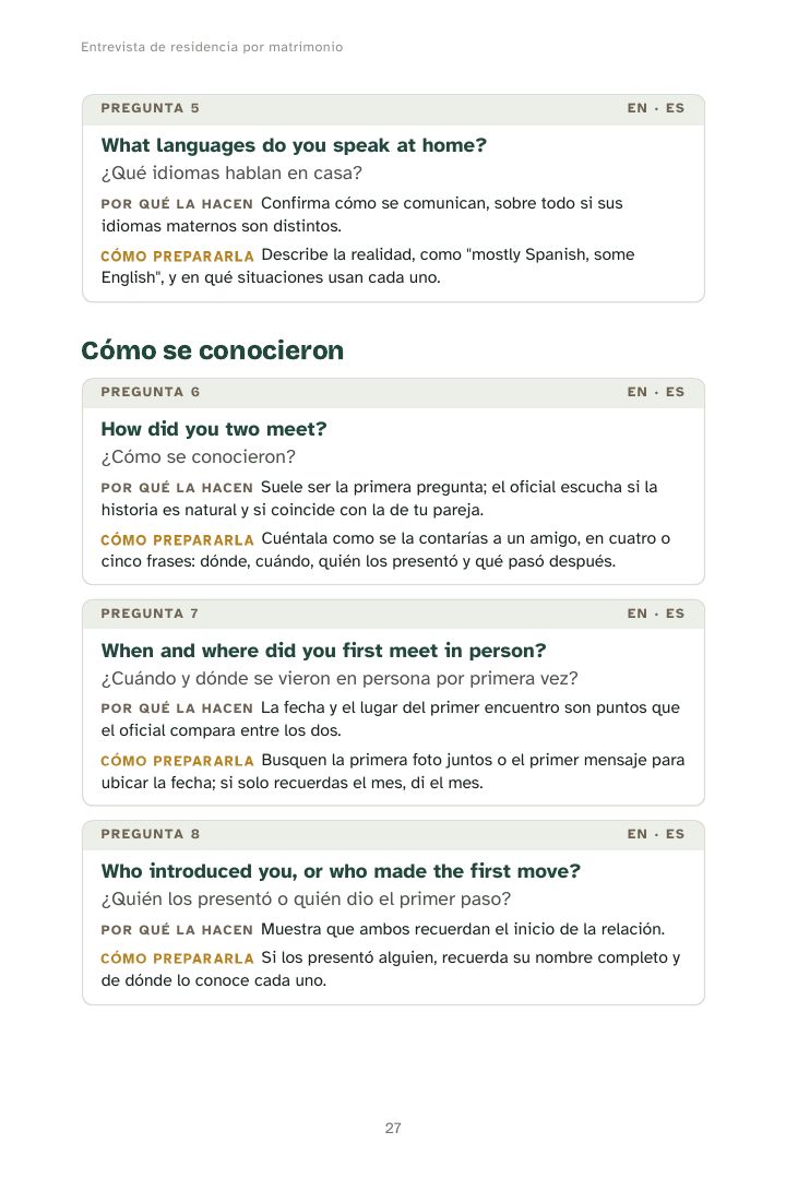 Página con fichas de preguntas en inglés y español