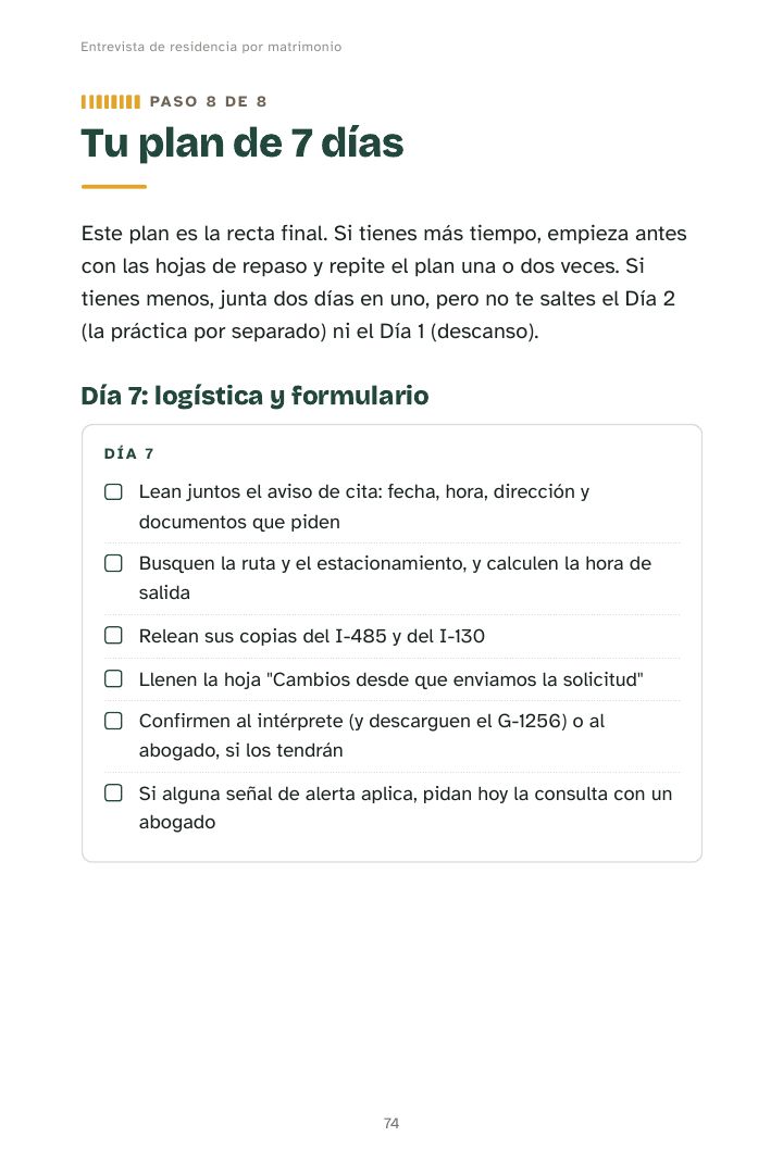 Página del plan de 7 días con lista de tareas